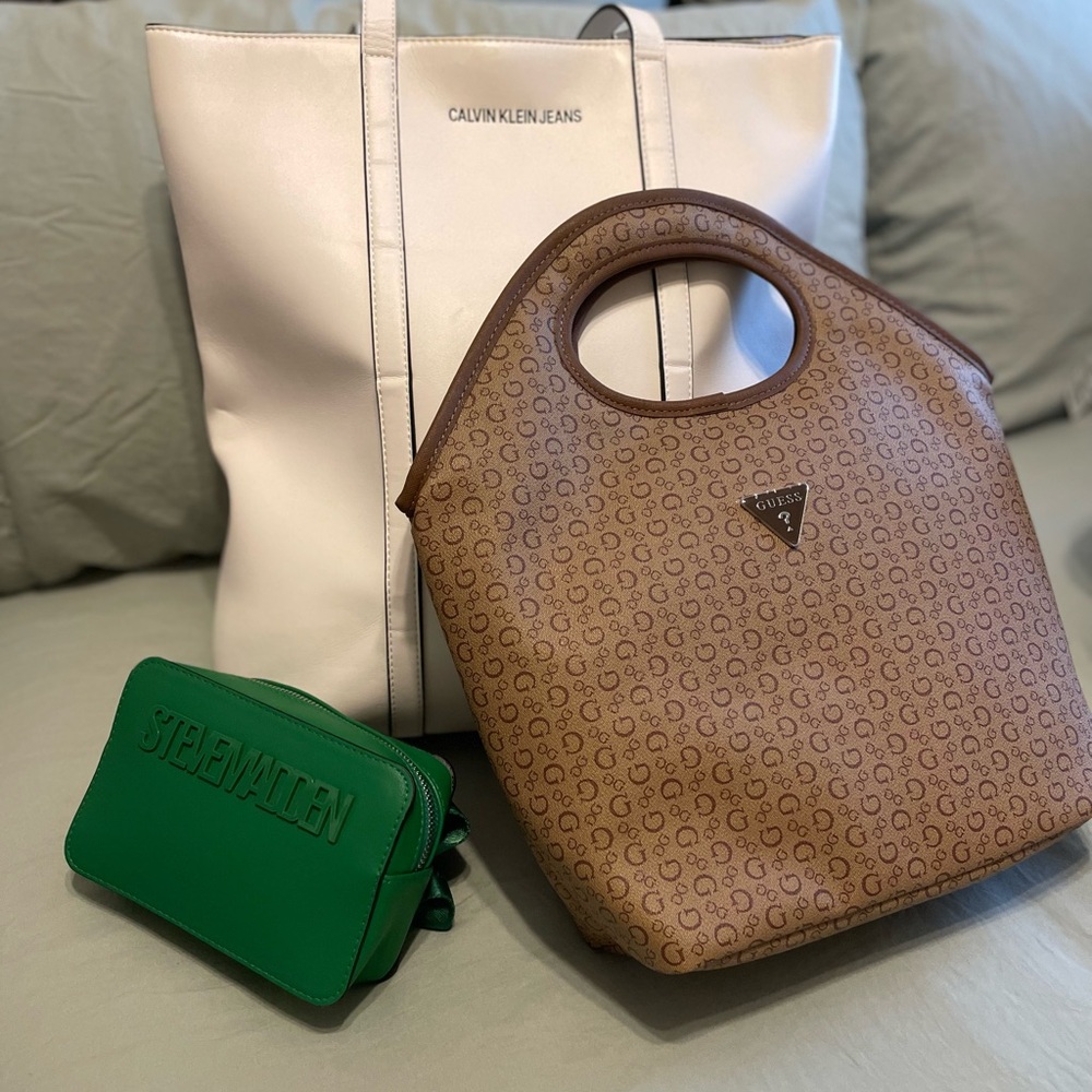 Calvin Klein White Tote Bag- Steve Madden Belt Purse- Guess Lunch Bag!